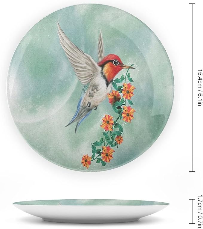 XISUNYA 6 Inch Decorative Plate, Hummingbird Round Porcelain,Hummingbird Flying with Flower Branch Print Ceramic Wall Hanging for Home & Office Wall Hanging Decor