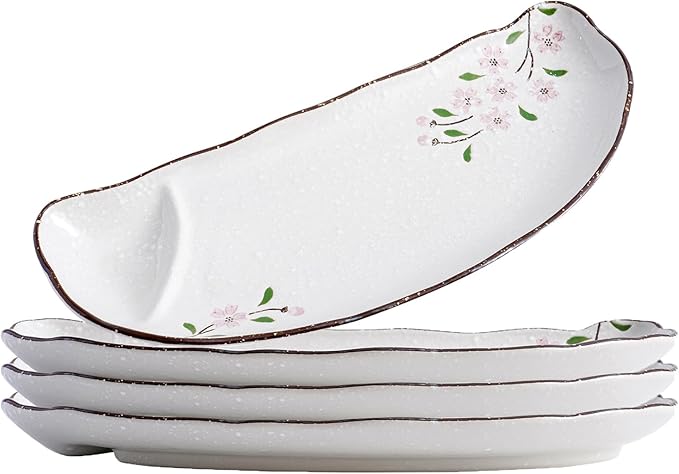 10.8" Half-round Ceramic Japanese Sushi Platter Dumpling Plate with Dipping Saucer for Snack Dessert Salad Fries Gyoza (4Pack, Pink Sakura)