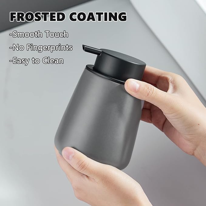 12Oz Grey Soap Dispenser Set - Ceramic Lotion Hand Soap Dispenser Set with Easy-to-Press Black Pump, Refillable Mordern Liquid Dish Soap Dispensers for Bathroom & Kitchen, 2 Pack