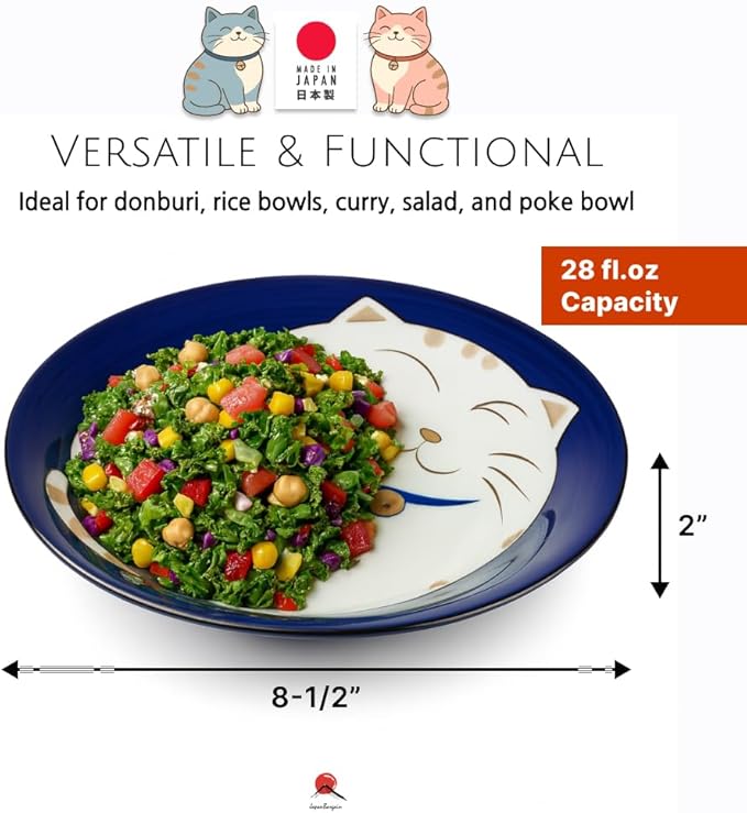 JapanBargain, Set of 2 Japanese Soup Bowls Shallow Porcelain Bowl for Curry Rice Cereal Poke Salad and Dessert, Maneki Neko Smiling Cat Pattern, Made in Japan, 8.5 inch, Blue Color