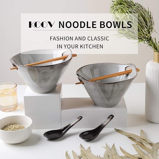 KOOV Porcelain Ramen Bowls and Spoons Set of 2, Japanese Ramen Noodle Bowl with Chopsticks and Spoons, 26 Ounce Deep Pho Bowl, Reactive Glaze (Variable Grey)