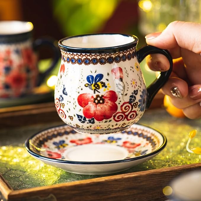 polish pottery style porcelain ceramic 10 piece Tea set,7.2oz tea cup and sauce set of 4,28.2oz teapot and 1wooden tray (Honey Bee Flower)