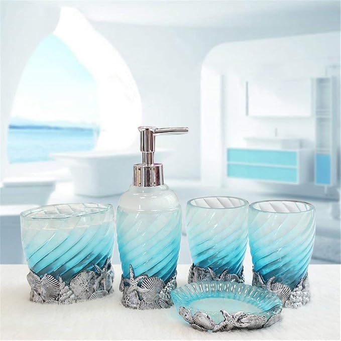 Set, 5 PCS Bath Ensemble Set Includes Soap Dispenser, Soap Dish, Tumbler, Toothbrush Holder - Polyresin Glass for Home, Office, Superior Hotel