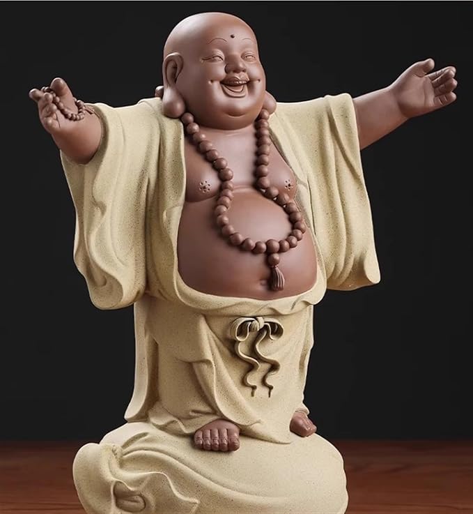 RUVOO Buddha Statue Outdoor, 12.2inch Buddha Statue Ceramics Sculptures Big Belly Happy Laughing Buddha for Home Office Desktop Decor Zen Garden Decor(D)