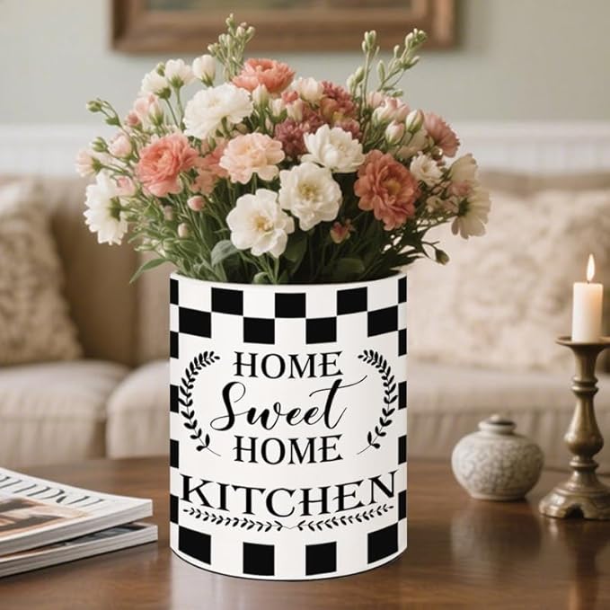 Checkered Kitchen Decor, 6.5inch Ceramic Utensil Holder with Checkered Design, Rustic-Style Indoor Kitchen Utensil Storage Rack, Ideal for Spoon Storage and Cooking Tools, Gift for Kitchen Organizers