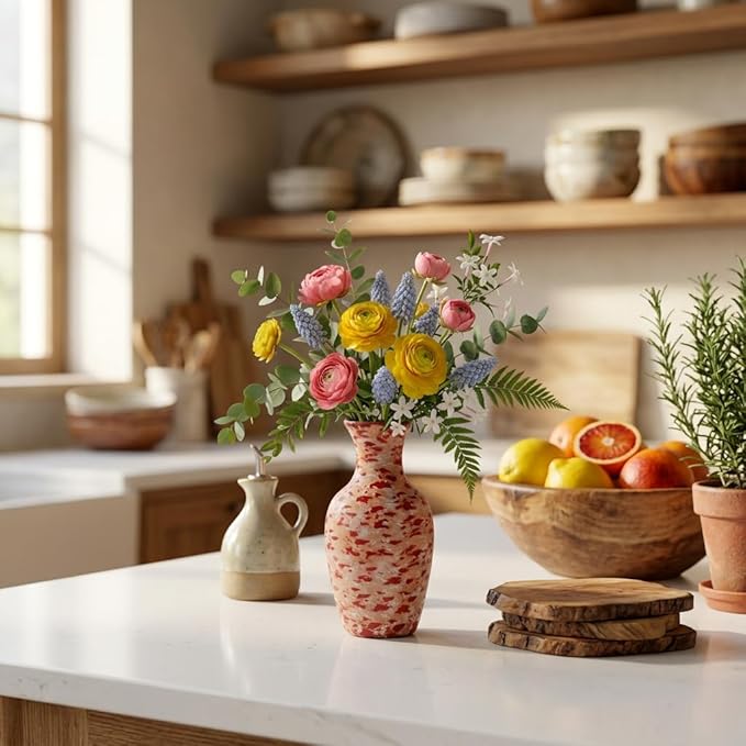 Small Terracotta Bud Vase (5.7"), Hand-Painted Red Ceramic Splatter Flower Vase for Single Stems, Rustic Clay Desk & Shelf Decor, Boho Vintage Accent Piece