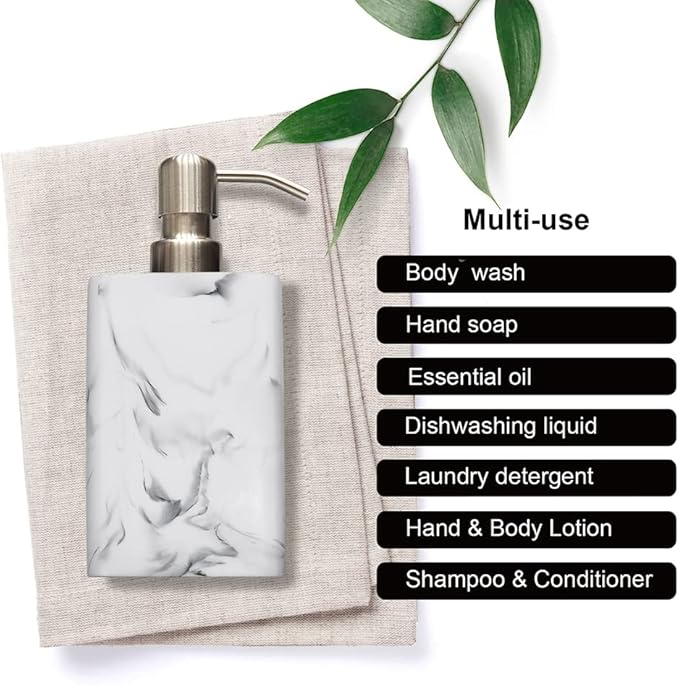 White Marble Style Hand Soap Dispenser, Refillable Liquid Decorative Soap Dispenser for Bathroom Countertop and Kitchen (14.5 Oz)