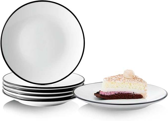 YOLIFE 6 inch Small Ceramic Plates, Appetizer Plates Set of 6, Dessert Plate for Cake Pie Snack with Black Trim