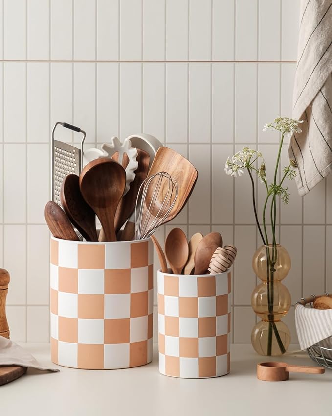Utensil Holder，7.2 Inch Checkered Utensil Holder, Ceramic Cooking Utensil Spoon/Spatula Holder for Countertop, Kitchen Decor and Accessories, Brown