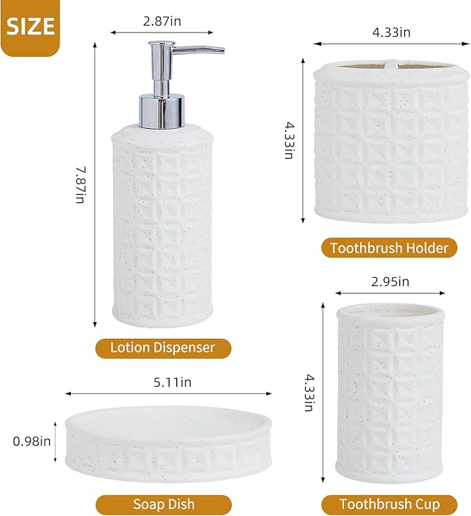 4-Piece Bathroom Accessory Set - White Bathroom Decor for Counter Organization with Soap Dispenser, Toothbrush Holder, Tumbler & Soap Dish, Bathroom Counter Set (Ceramic - Sliver Pump)