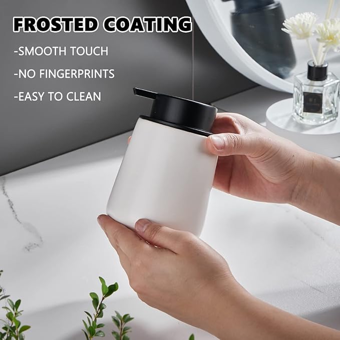 12Oz White Soap Dispenser - Modern Ceramic Lotion Hand Soap Dispenser with Easy-to-Press Black Pump, Reusable and Refillable Liquid Dish Soap Dispensers for Bathroom & Kitchen