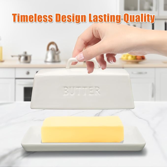 Gute Butter Dish with Lid for Countertop, Covered Ceramic Butter Dish, Butter Tray Storage for 1 Stick of Butter, Butter Keeper Container with Handle for Kitchen, White