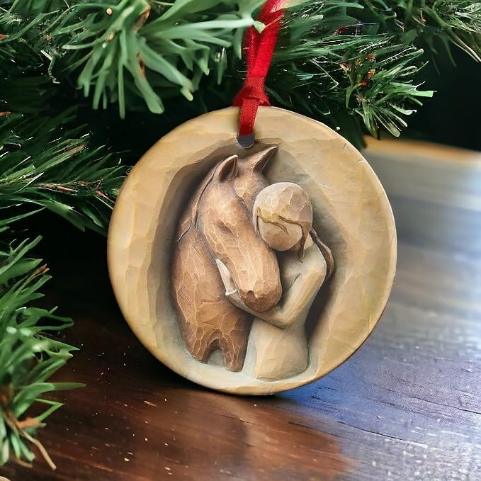 2025 Christmas Ornament for Horse Lovers Girl and Horse Printed Ceramic Ornament, Not a Carved Sculpture, Equestrian Holiday Keepsake Xmas Tree Decoration