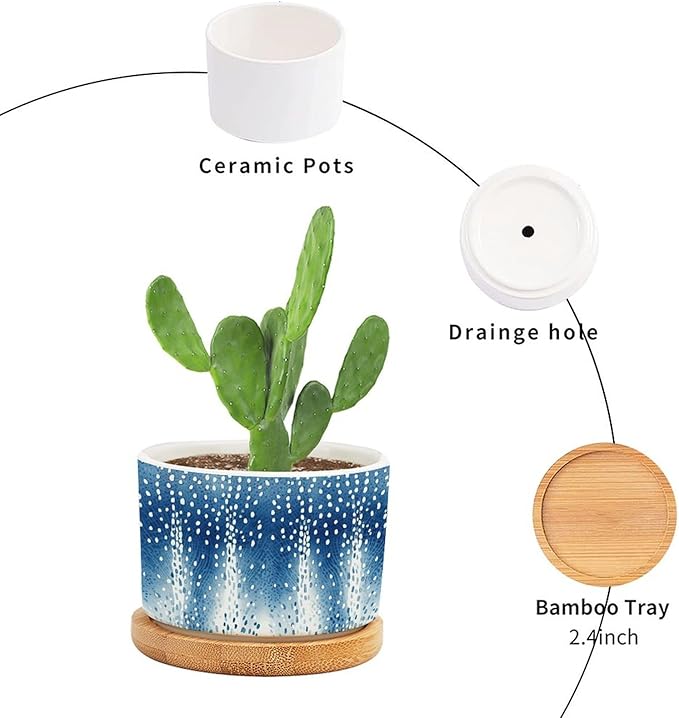 Navy Blue Modern Geometric Abstract Polka Dots Print Ceramic Flower Pots,Gardening Plant Pot with Drainage Holes And Saucers Round Ceramic Pots for Indoor Plants Succulent Herbs Cactus Pots