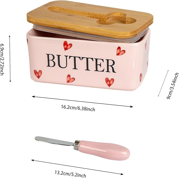 Pink Ceramic Butter Dish with Bamboo Lid and Knife, Cute Butter Holder,Large Covered Butter Container for Refrigerator, Butter Keeper with hearts design, Unique Kitchen Decor Gift(pink love)