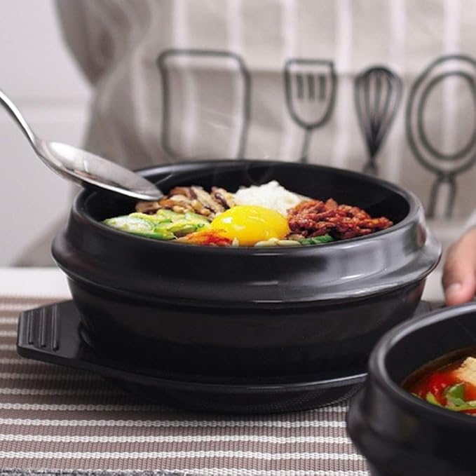 Korean Cooking Korean Stone Bowl By Whitenesser, Stone Pot Sizzling Hot Pot for Bibimbap and Soup (Medium, No Lid) - Premium Ceramic with Melamine Tray(38.5 Ounce)