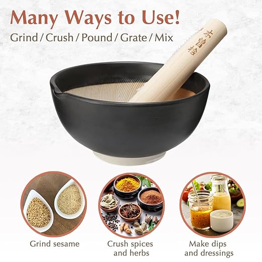 TIKUSAN Ceramic Ripple Ridge Mortar & Pestle (Suribachi & Surikogi) Set with Spout Made in Japan Mino Ware (Medium Black)