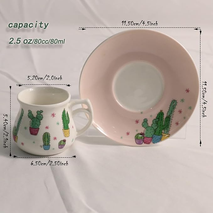 GuangYang 2.5 oz Espresso Cups set of 6, Cute Cactus Pattern (Size for Double Shot Espresso,Ristretto, Macchiato, Café Cubano, and Turkish Coffee)