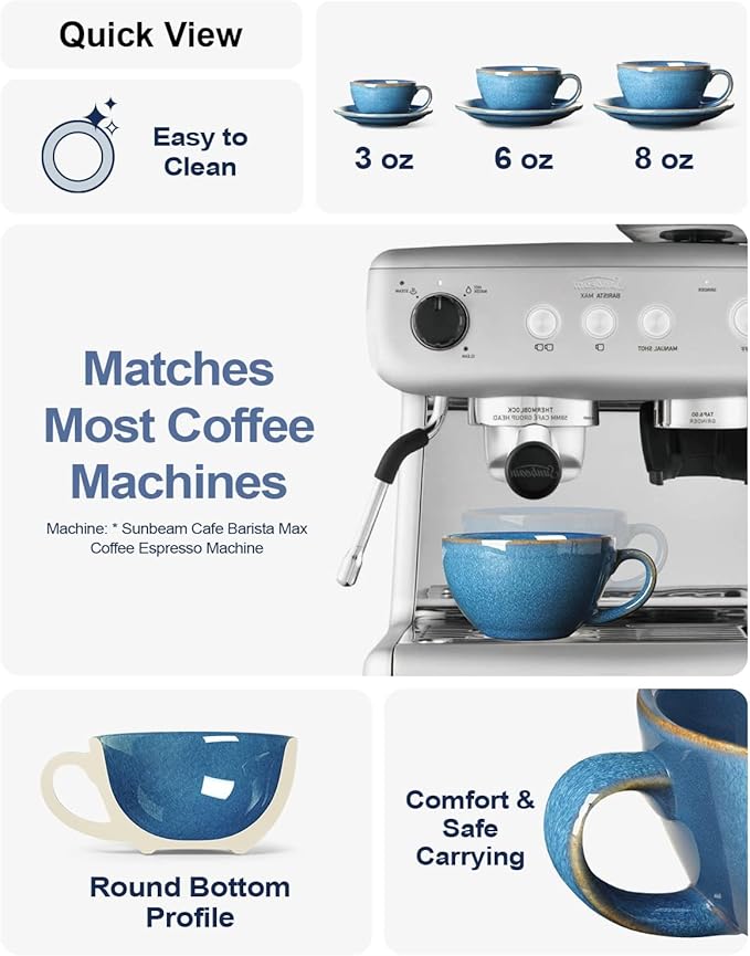 LE TAUCI Cappuccino Cups with Saucers 6 oz, Set of 4 Ceramic Coffee Cup and Saucer Set for Latte, Au Lait, Flat White, Mocha, Tea, Embossed Coffee Cups, Ceylon Blue