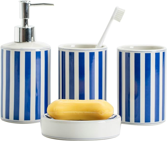 Blue and White Stripe Bathroom Accessories Set for countertop Include soap Dispenser Toothbrush Holder Tumbler and soap Dish Jewelry Holder Bathroom Container Set for Vanity Bath Set