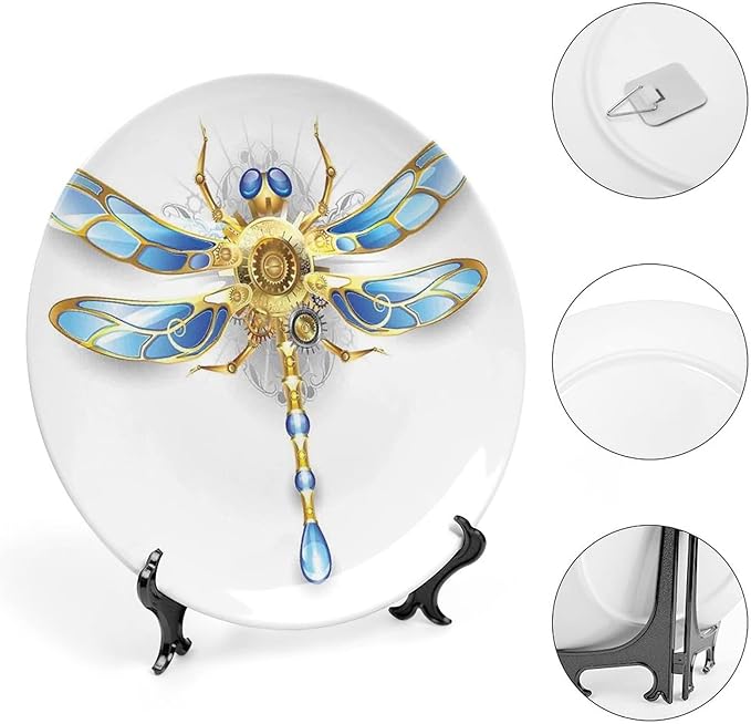 XISUNYA 7 Inch Decorative Plate, Dragonfly Ceramic Plate, Close Up View of Mechanical Dragonfly with Multifaceted Eyes Print Ceramic Wall Hanging for Home & Office Wall Hanging Decor