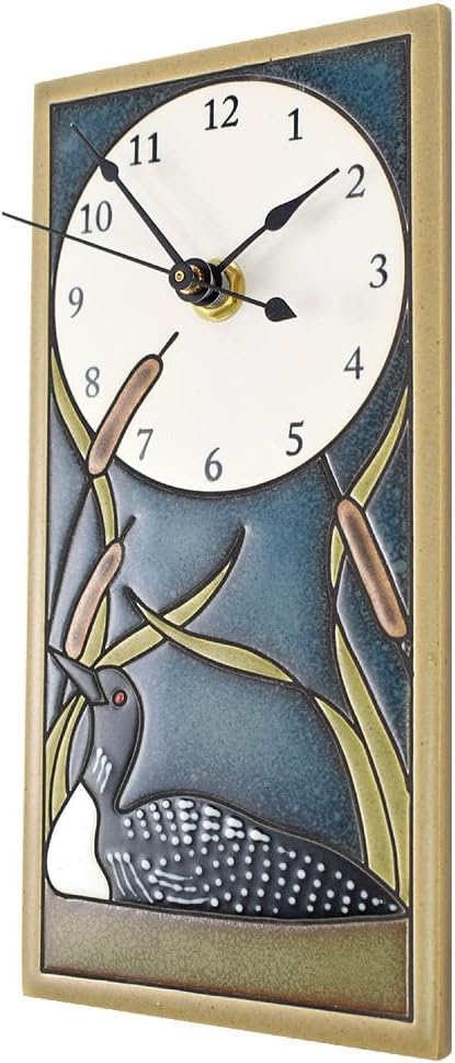 Modern Artisans Loon in Cattails Mini Ceramic Art Wall Clock, 3.75" x 7.75" | Artisan-Made, Earthy Colors