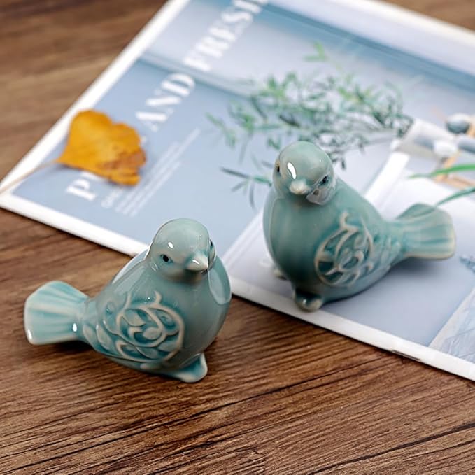 Small Animal Statues, Ceramic Bird Duck Statues, Home Office Decor, Small Decor for Cabinet Shelves Entryway Bookcase TV Stand, Micro Landscape Accessories (Green)