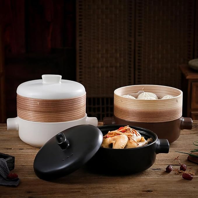 Steamer for Cooking Japanese Ceramic Hot Pot, Earthenware Clay Pot Casserole Steamer Cookware Stew Pot Stockpot with Lid & Steamer Basket for Healthy Cooking, Even Heating,White,2L