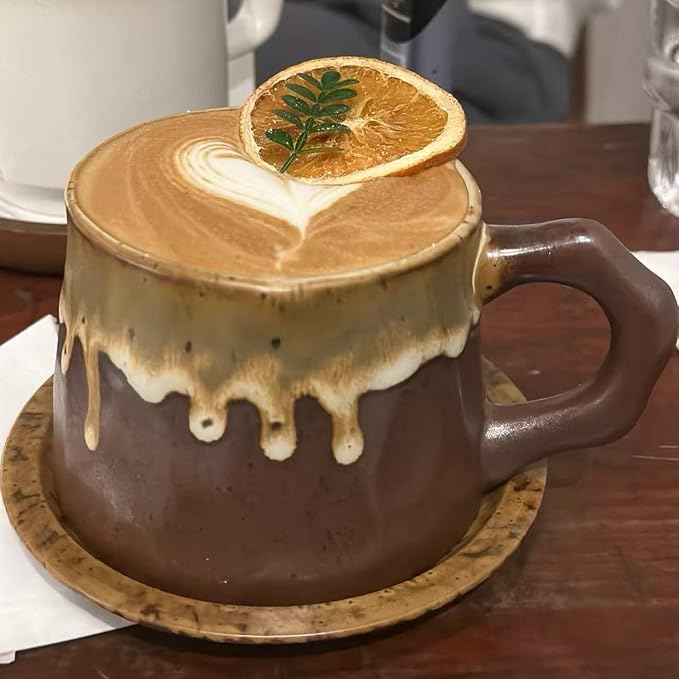 10oz Vintage Retro Handmade Ceramic Cappuccino Cup with Saucer –Small Rustic Stoneware tea cup and saucer, Lead-Free Latte Art Mug,Handmade mug with saucer set, Microwave safe, Brown