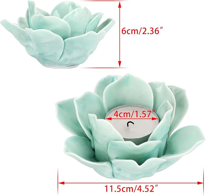 OwnMy Green Ceramic Lotus Flower Tealight Holder 4.5 Inch Lotus Petal Tealight Candle Holder, Ceramic Votive Candle Stand for Wedding Table Centerpieces Home Decors