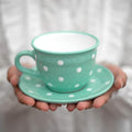 City to Cottage Handmade Teal Blue and White Polka Dot Large Ceramic 12oz/350ml Cappuccino Coffee Tea Cup and Saucer, Unique Designer Pottery for Tea Lovers