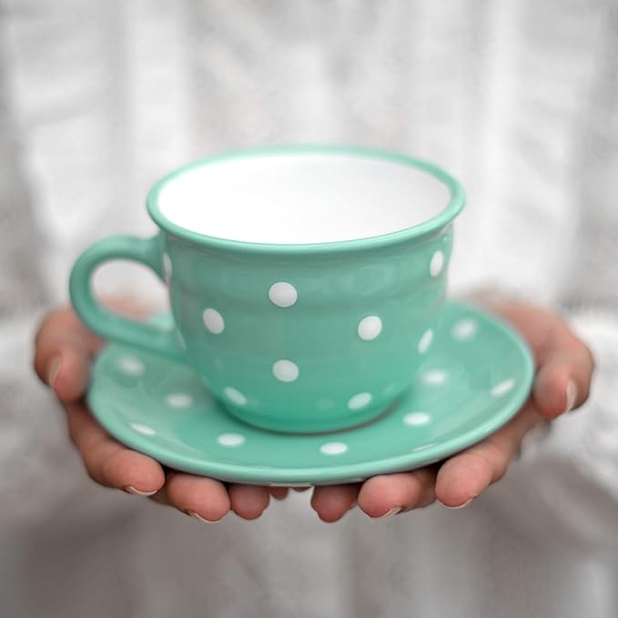 City to Cottage Handmade Teal Blue and White Polka Dot Large Ceramic 12oz/350ml Cappuccino Coffee Tea Cup and Saucer, Unique Designer Pottery for Tea Lovers