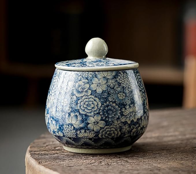 Vintage White and Blue Ceramic Portable Tea Caddy Tea Canister Tea Storage Container Tins Jar with Airtight Lid for Tea, Coffee, Herb, Sugar, Spice, Nuts, 9 OZ