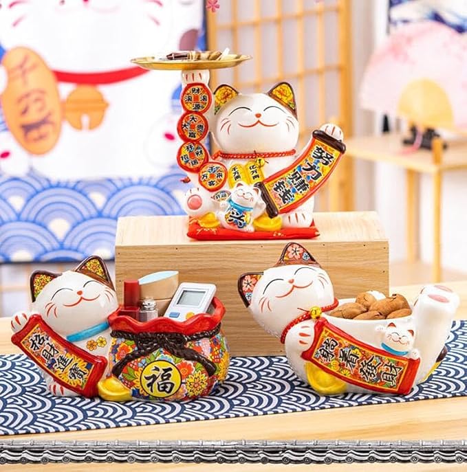 EatingBiting 9.4"x5.7" Japanese Ceramics Maneki Neko Cat & Lucky Money Pocket Ornament Collectible Figurine Storage Box Decoration Ornamental Art Sculpture Home Decor Decorative Beckoning
