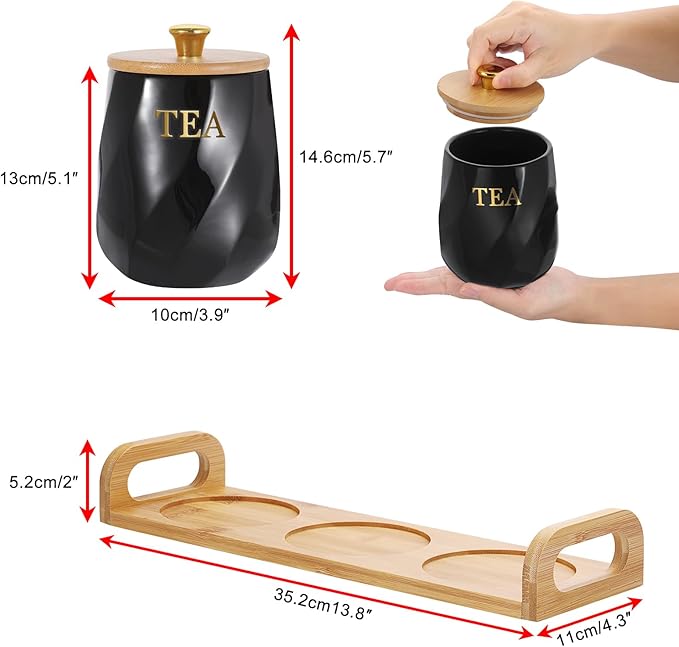 JUXYES Set of 3 Ceramic Canisters Set for Sugar Coffee Tea With Handle Tray, Luxurious Storage Containers Sets with Lids Decorative Storage Pots Black Ceramic Storage Jar for Kitchen Dining Room