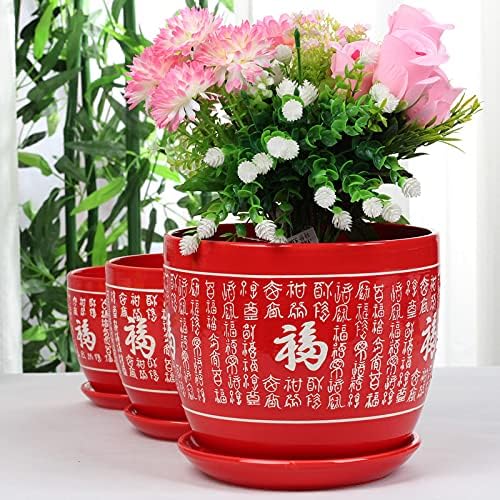 Red Ceramic Flower Pot with Saucer Chinese Style Planter Traditional Asian Decorative Pot Indoor Cylindrical Plant Pots for Indoor Outdoor Plants, Home Office Decor