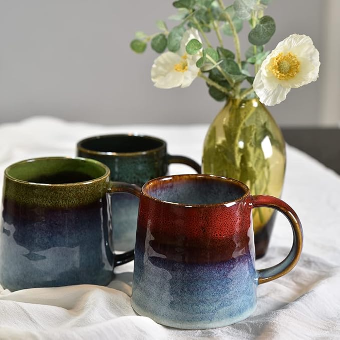 Large Ceramic Coffee Mug, Pottery Mug,Tea Cup for Office and Home,Handmade Pottery Coffee Mugs,16.5 Oz,Dishwasher and Microwave Safe,kiln altered glaze craft (Green)