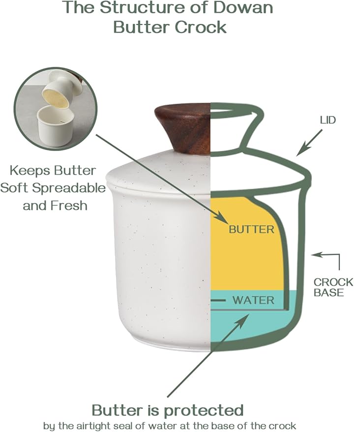 DOWAN French Butter Crock for Countertop, Ceramic Butter Dish with Waterline, Porcelain Butter Container for Spreadable Soft Butter, French Butter Dish with Lid