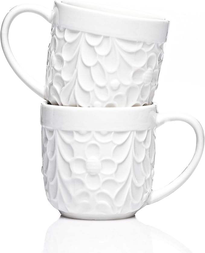 25DOL Ceramic Espresso Cups Set of 2 - White Cappuccino Cup with Nature Engravings and Comfort-Grip Handle - Expresso Coffee cups, 3.3 Oz Small Lead-Free Shot Mugs, Safe for Dishwasher, Microwave