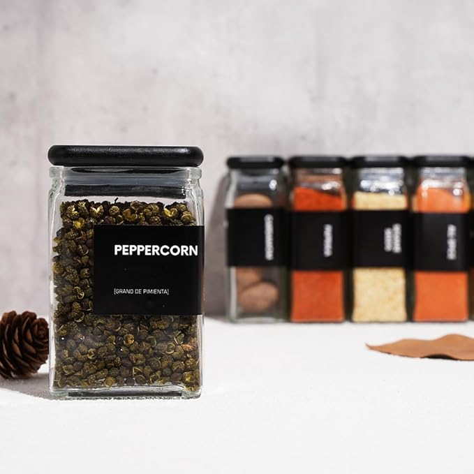 APT 1101 4 oz Glass Square Spice Jars with Labels, Glass Jars with Bamboo Lids, Spice Bottles, Seasoning Organizer, 12 Pack (Black)