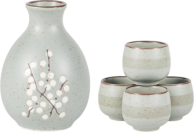 Japanese Plum Blossoms 5 Piece Sake Set 9.5 fl oz Bottle and 4 Cups Porcelain (Blue)
