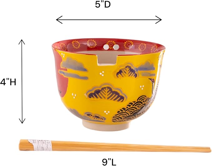 Urban Tokyo Handpainted Ceramic Glazed Japanese Ramen Udon Noodle Rice Bowl With Chopsticks 20 fl oz 5 inch Diameter Bowl Sets Color Box Packaging (Crane and Moon Design)