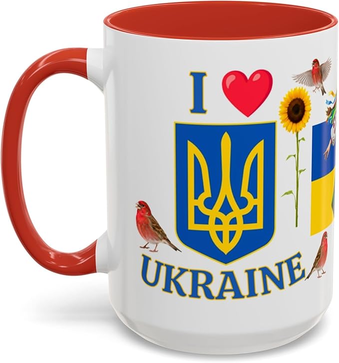 I Love Ukraine 15 oz Coffee Mug - Gift - Christmas Birthdays Gift; Tea Cup (Red Handle)