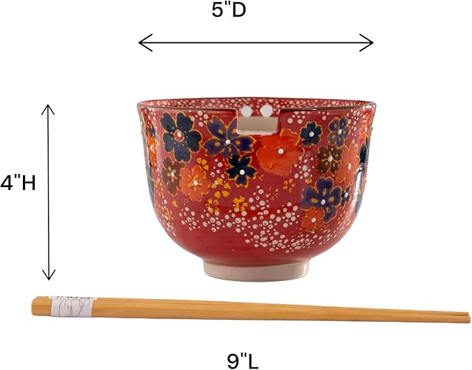 Urban Tokyo Handpainted Ceramic Glazed Japanese Ramen Udon Noodle Rice Bowl With Chopsticks 20 fl oz 5 inch Diameter Bowl Sets Color Box Packaging (Red Sakura Cherry Blossoms)