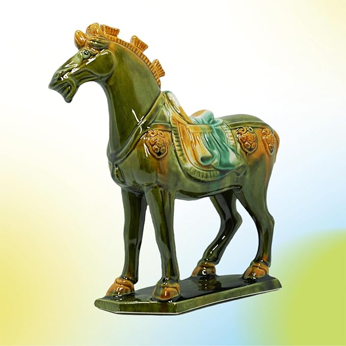 Handmade Tang Dynasty Tri-Color Horse Ceramic Sculpture - 19cm Traditional Chinese Cultural Art Decor - Symbol of Prosperity & Good Fortune - Perfect for Home, Office, Bookcase Shelf(Grass Green)