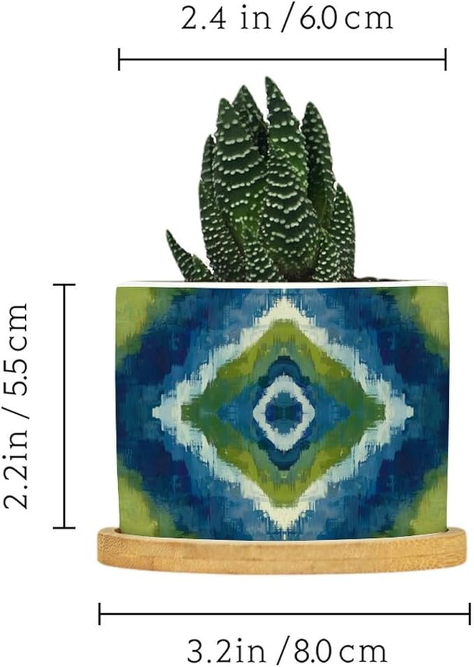 DreamAutumn Blue and Green Geometric Ikat Ceramic Pots for Plants with Drainage Holes Round Flower Pot Bamboo Tray Orchid Pot Succulents Pots for Outdoor Indoor Plants,Housewarming Gifts