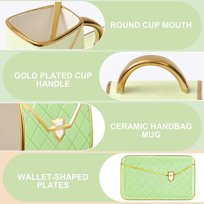 Zubebe 1 Set Coffee Mug Elegant Handbag Shaped Cup Mother's Day Modern Ceramic Purse Mug with Spoon and Saucer, 10oz Cute Creative Tea Cup for Woman Girls Gift (Light Green)