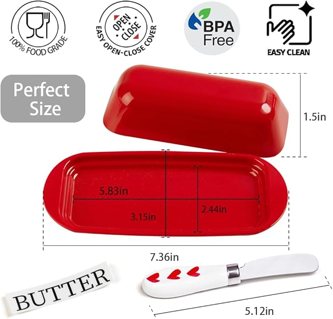 BPA-Free Melamine Butter Dish with Lid & Stainless Steel Knife - Farmhouse Butter Keeper for Countertop & Refrigerator, Dishwasher Safe, Holds 1 Stick with East & West Coast Butter-Red Heart