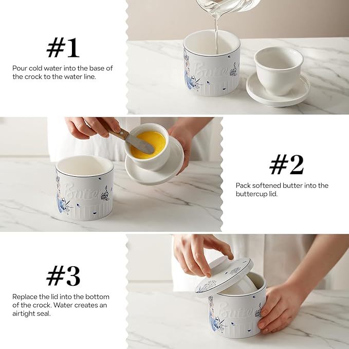 Toptier Butter Crock for Counter With Water Line, On Demand Spreadable Butter, Ceramic Butter Keeper to Leave On Counter, French Butter Dish with Lid, (Blue and White Beauty)