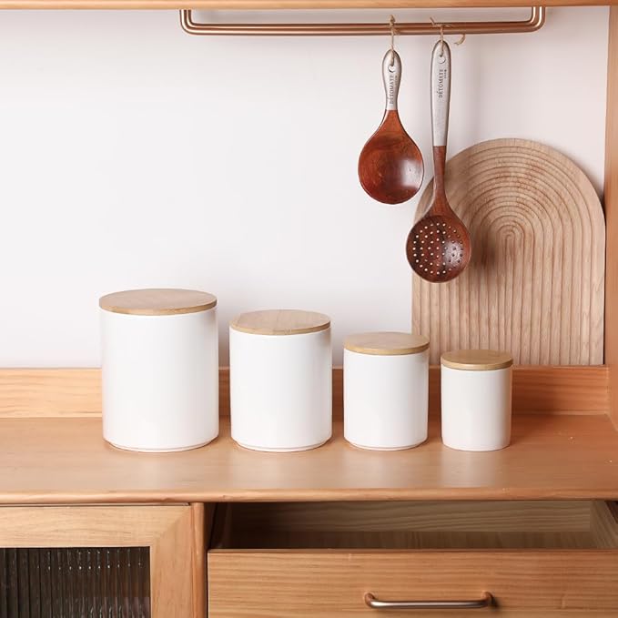 Sweejar Kitchen Canisters Ceramic Food Storage Jar Set, Stackable Containers with Airtight Seal Wooden Lid for Serving Ground Coffee, Tea, Herbs, Grains, Sugar, Salt - Set of 4 (White)